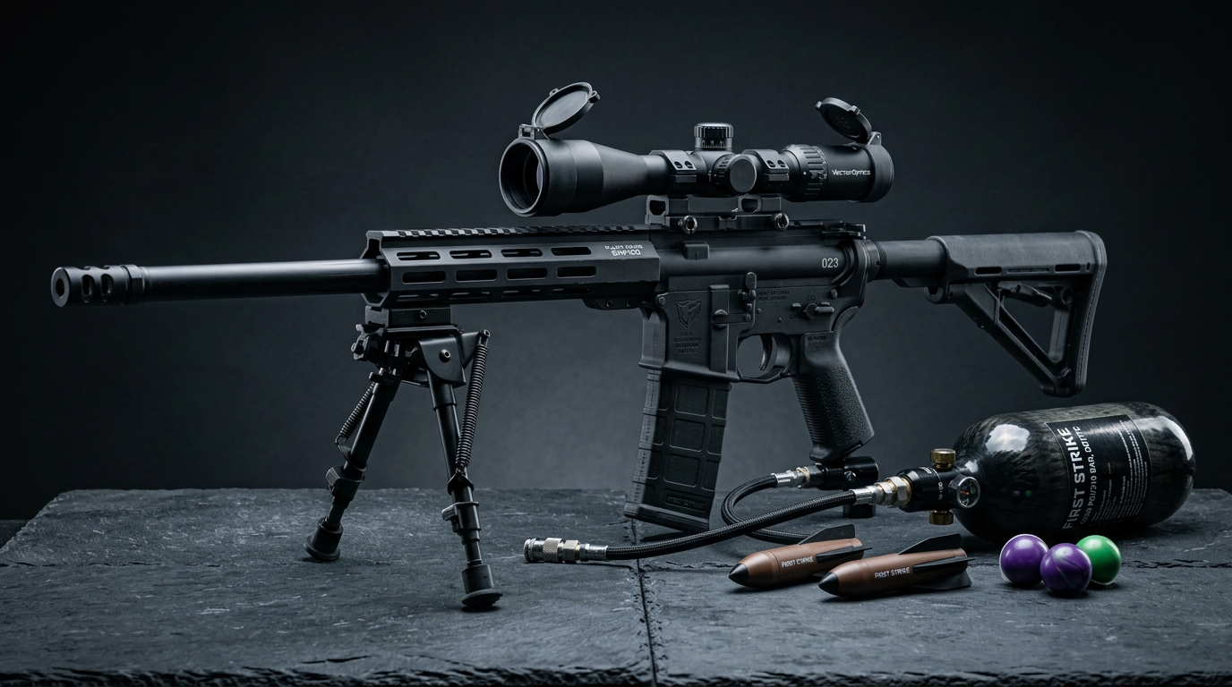 Best paintball guns for long range precision tactical sniper setup with scope bipod and First Strike rounds