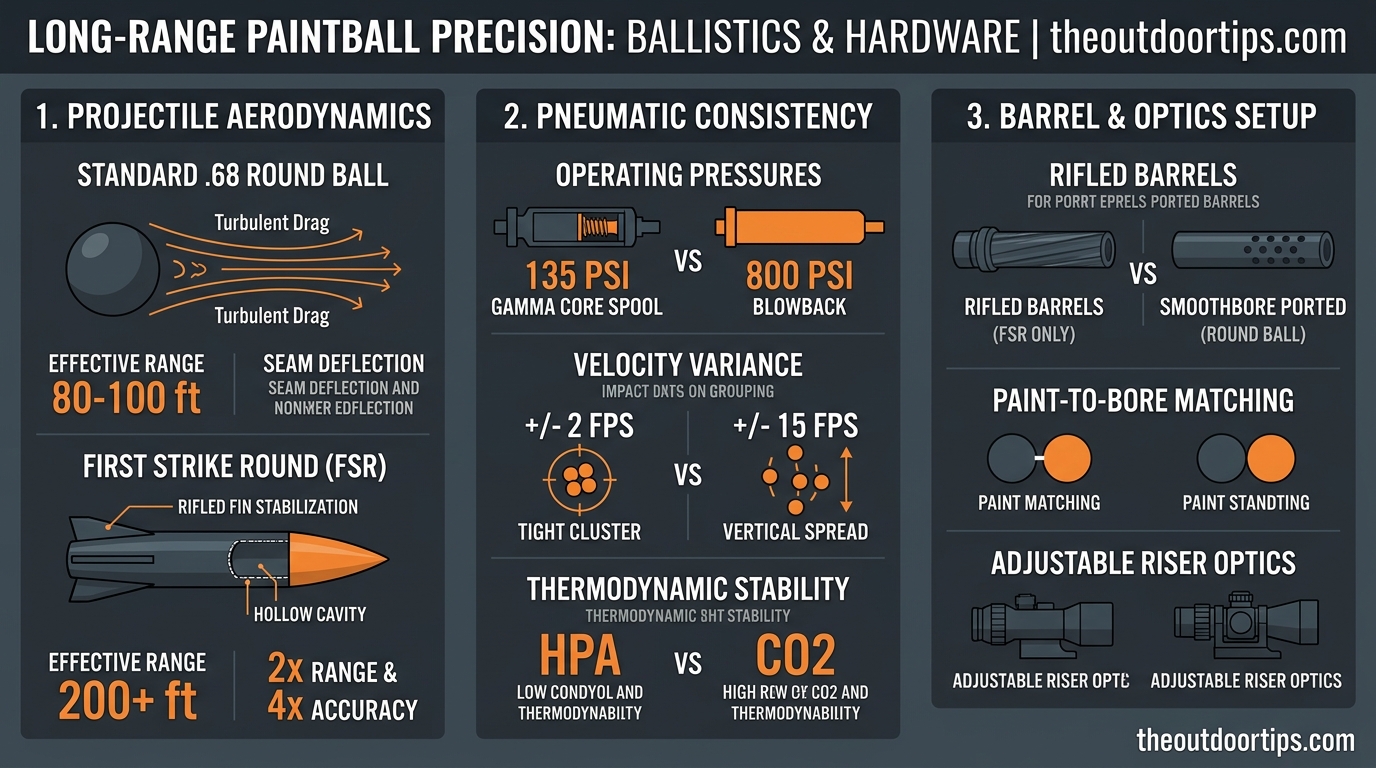 Best paintball guns for long range precision technical infographic breakdown of aerodynamics operating pressures and barrel setups