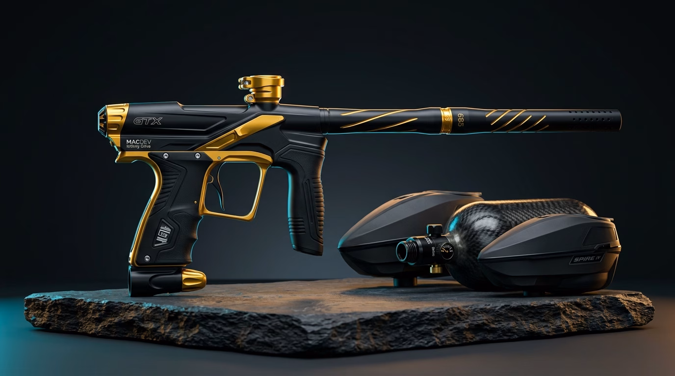 MacDev GTX electronic tournament paintball marker resting on a dark graphite slate platform with carbon fiber HPA tank and loader