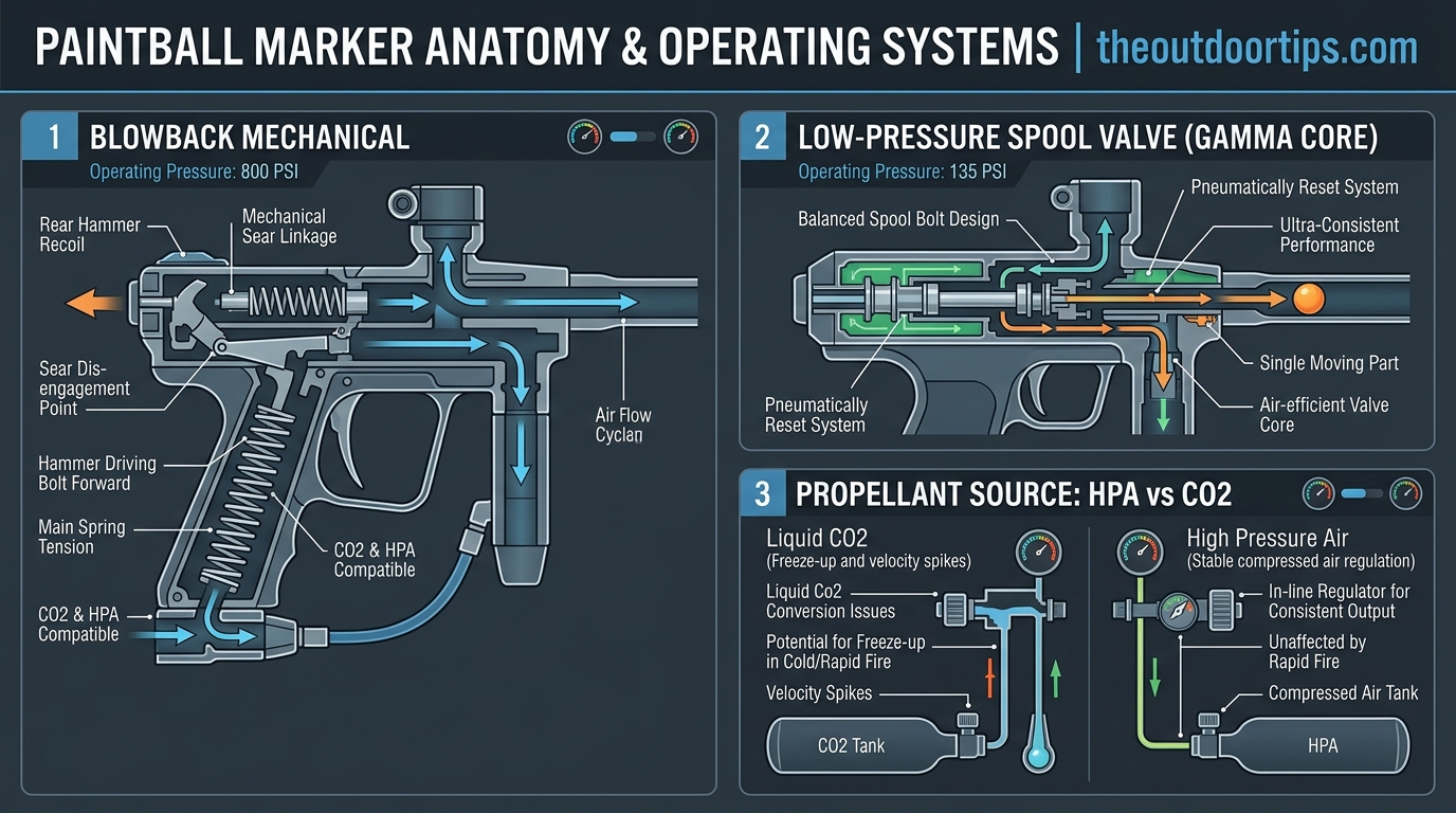 Technical breakdown of paintball marker operating systems infographic