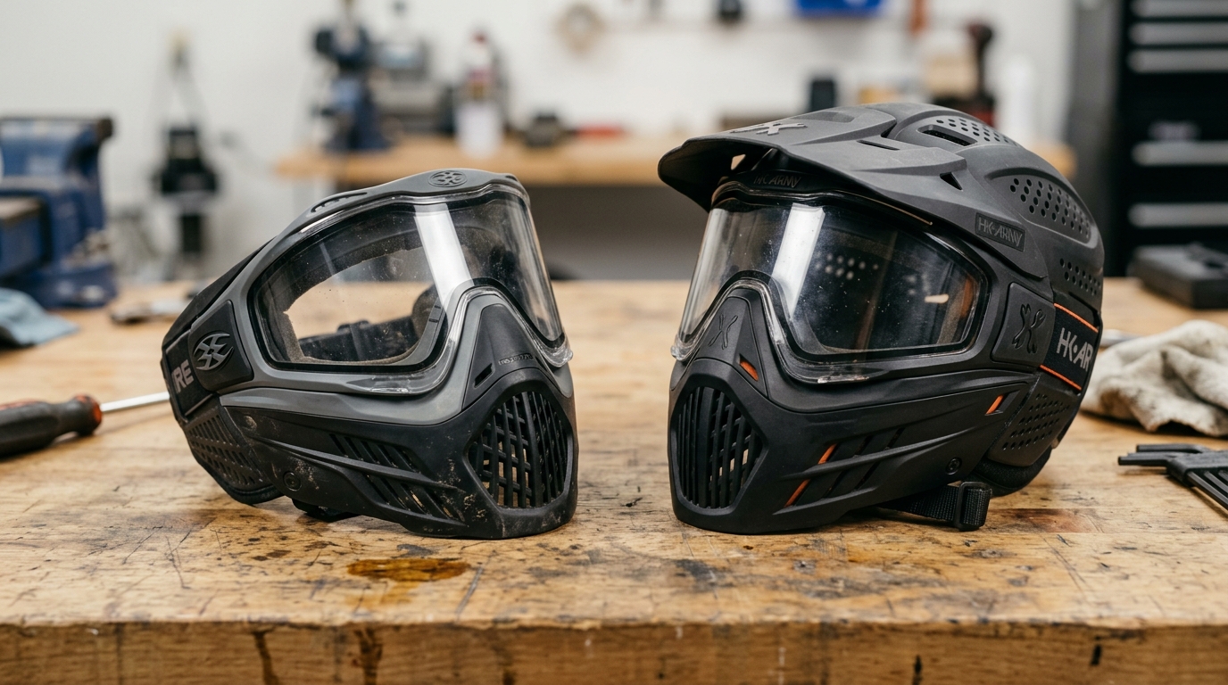 Thermal dual pane paintball goggles and protective headgear for winter paintball games
