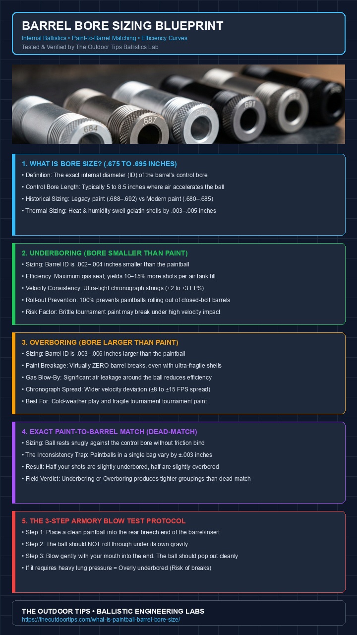 Paintball barrel bore size blueprint and underboring vs overboring comparison infographic