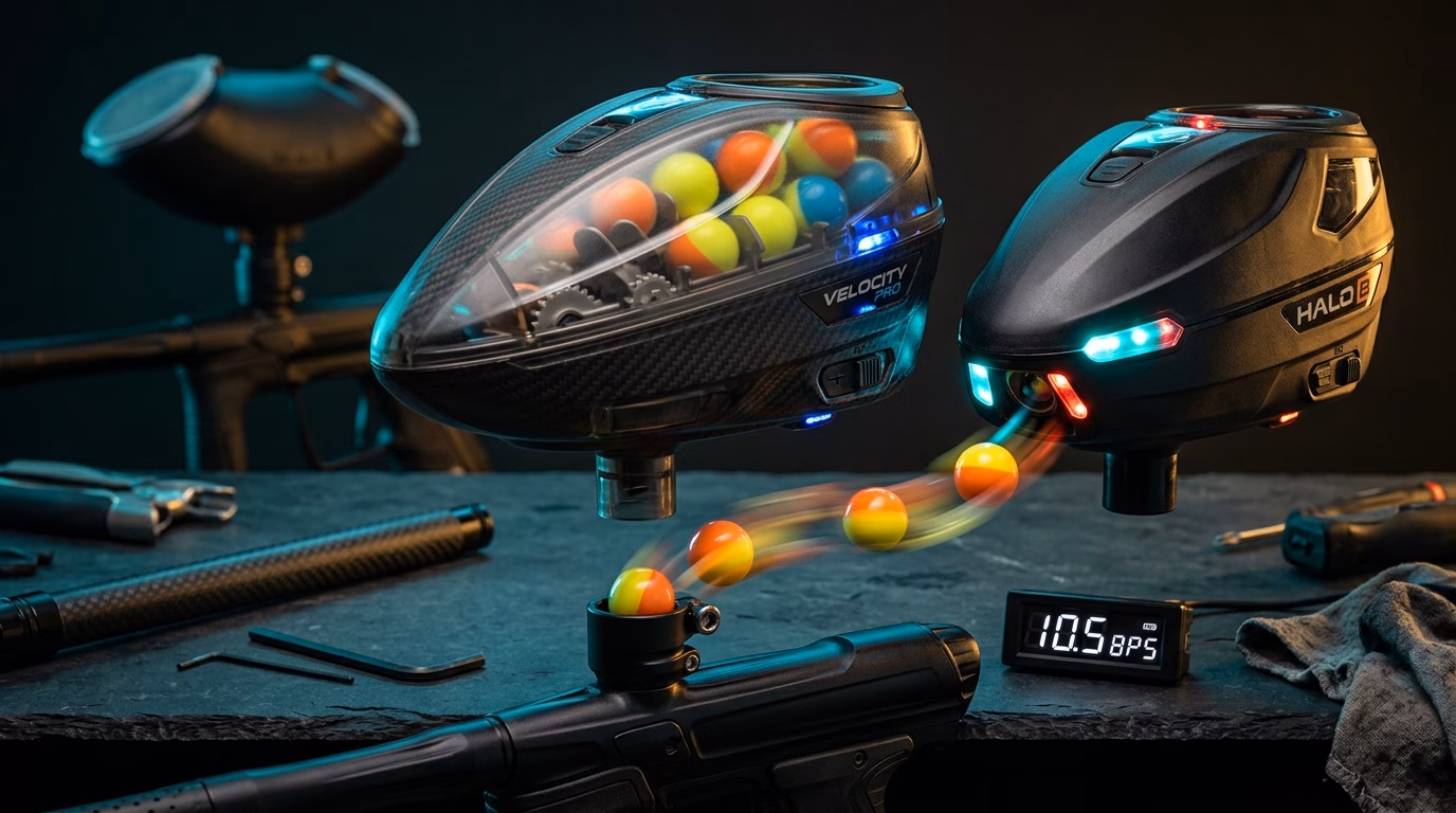 Paintball Hopper Speed vs Marker ROF Bottleneck Tester showing Dye Rotor LTR, Virtue Spire IR2, and Proto Primo loaders on workbench