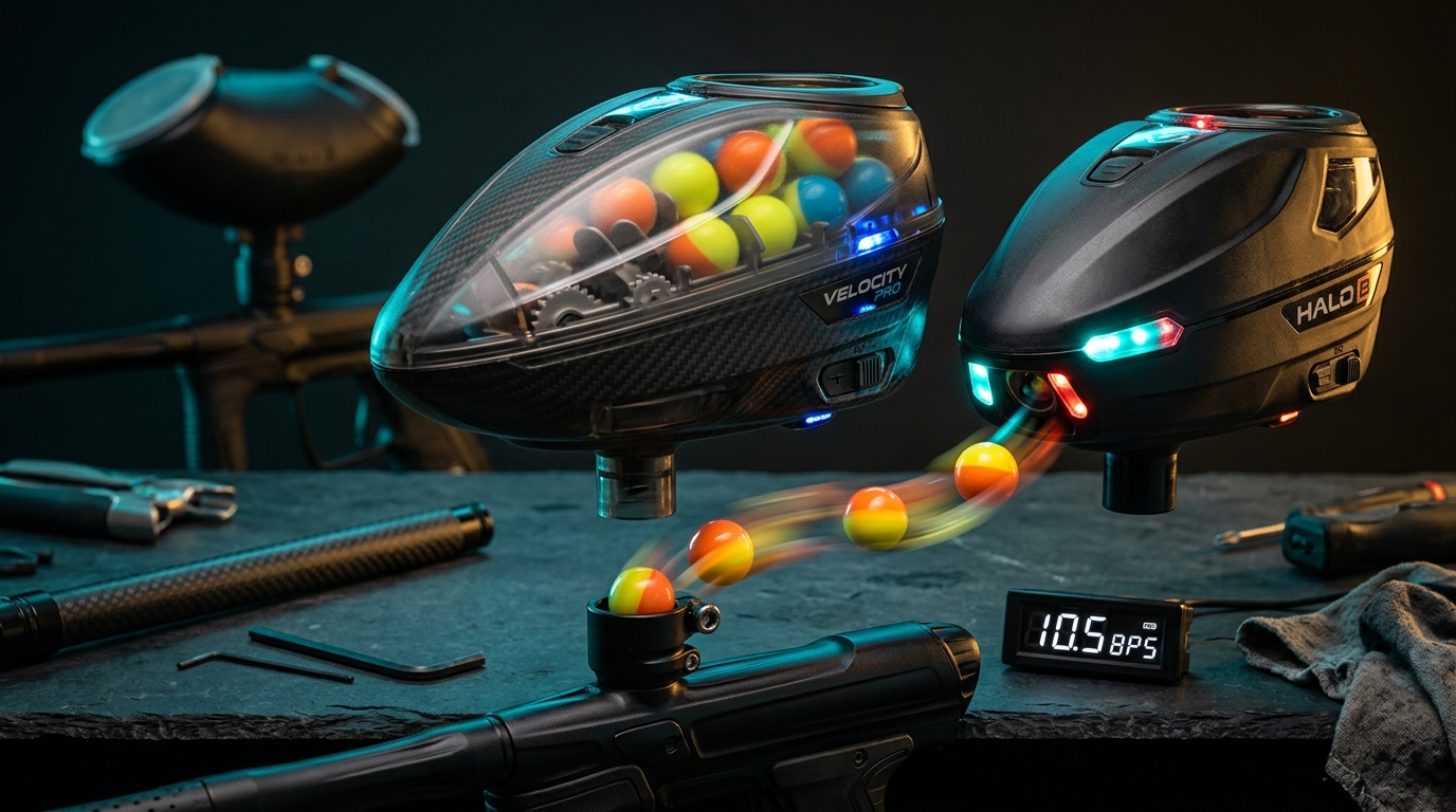 Paintball Hopper Speed vs. Marker ROF Bottleneck Tester comparison featuring Virtue Spire V, Dye Rotor LTR, and Proto Primo loaders on workbench
