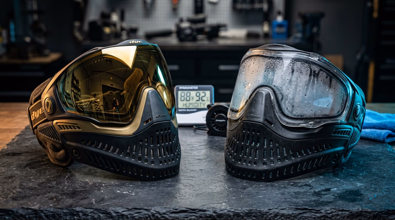 Paintball Mask Fog Risk Calculator showing crystal clear Dye i5 thermal mask vs fogged single pane rental mask on workbench