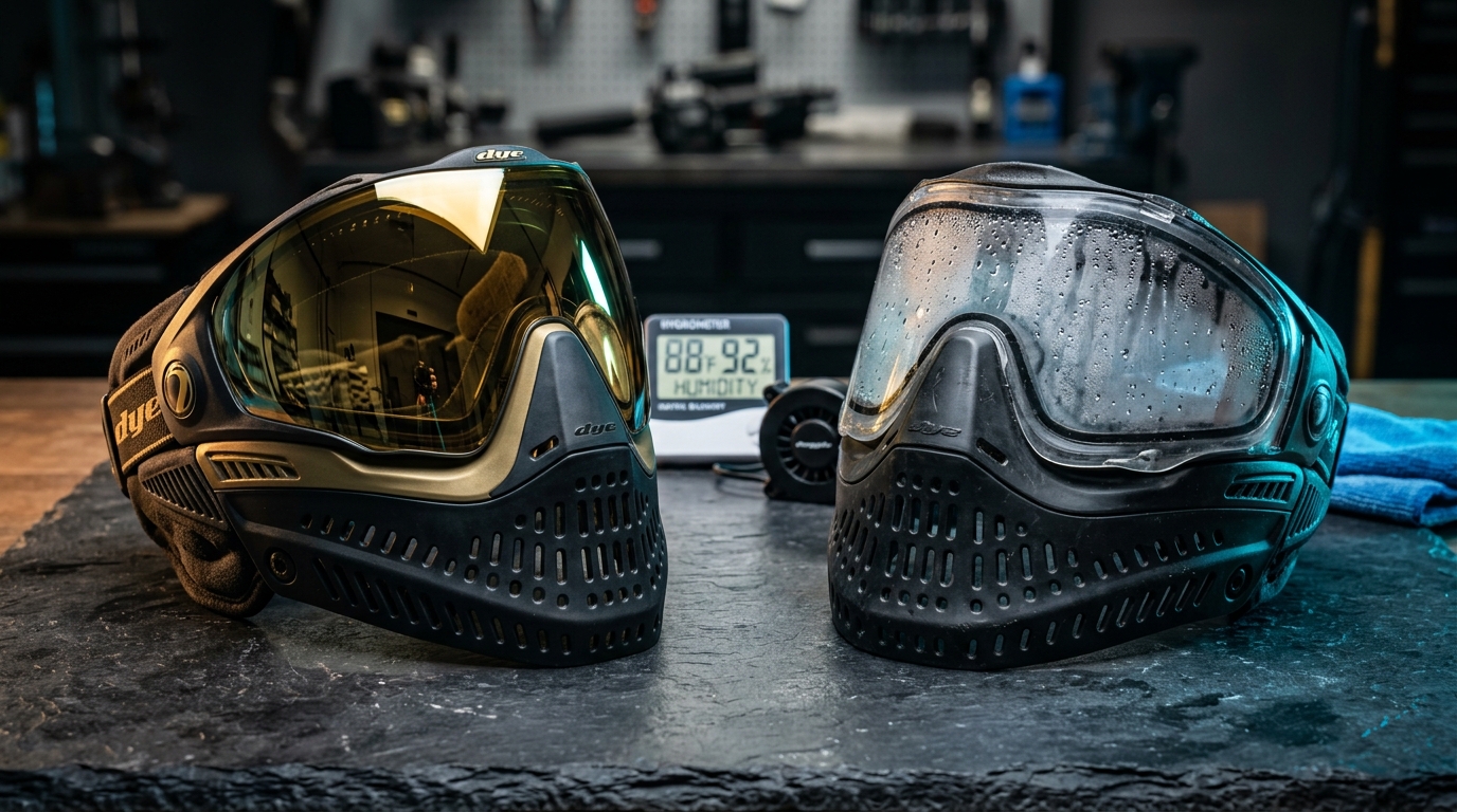 Paintball Mask Fog-Risk Calculator comparing a crystal clear dual-pane thermal Dye i5 goggle against a fogged single-pane lens on a workbench