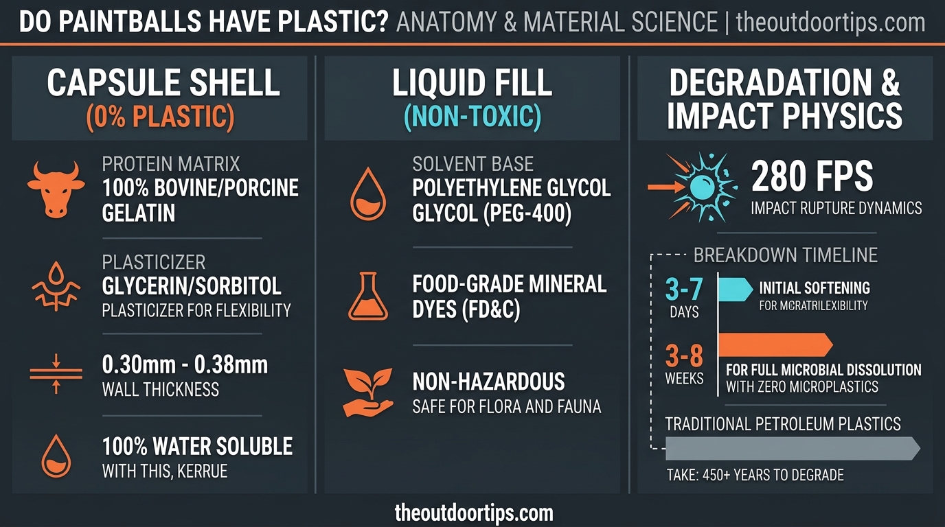 Do paintballs have plastic technical infographic breakdown of gelatin shell, PEG-400 fill, and degradation timeline