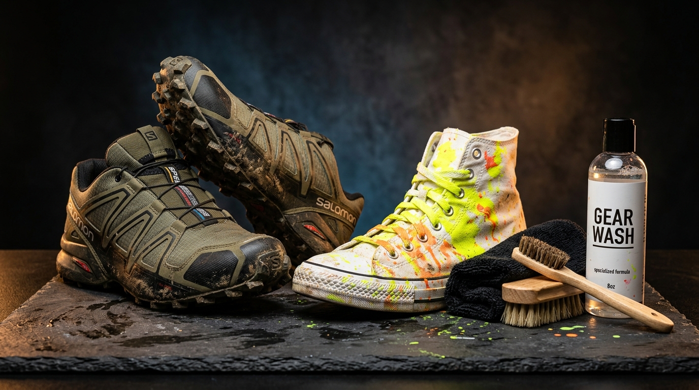 Does Paintball Stain Shoes testing loadout with trail cleats splattered canvas sneaker and cleaning gear