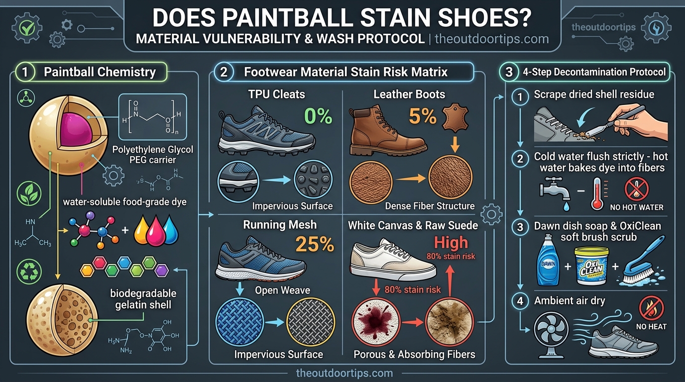 Does Paintball Stain Shoes material vulnerability matrix and 4-step cleaning protocol infographic