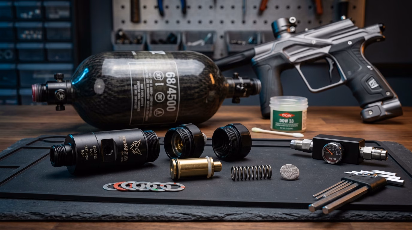 Paintball HPA Tank Regulator Pressure & Shim Calculator workbench with disassembled Ninja Pro V3 regulator, shims, Belleville springs, and inline pressure tester