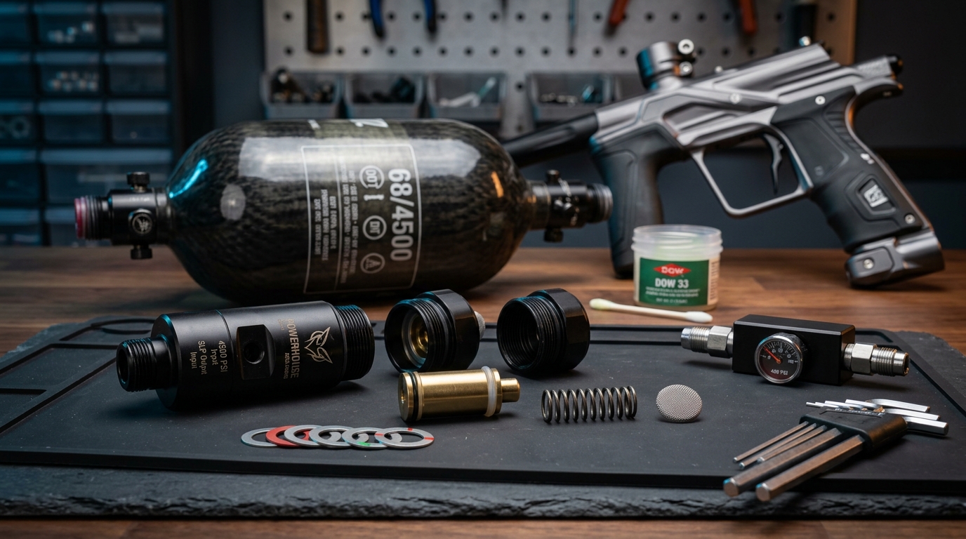 Paintball HPA Tank Regulator Pressure & Shim Calculator workbench showing disassembled Ninja Pro V3 regulator, shims, Belleville springs, and inline pressure tester gauge