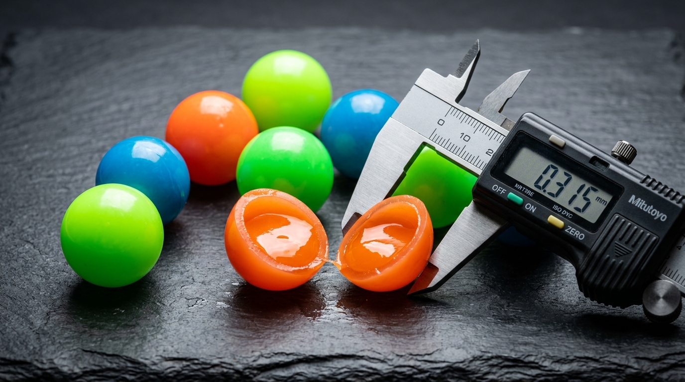Do paintballs have plastic studio cross section with calipers measuring shell wall thickness