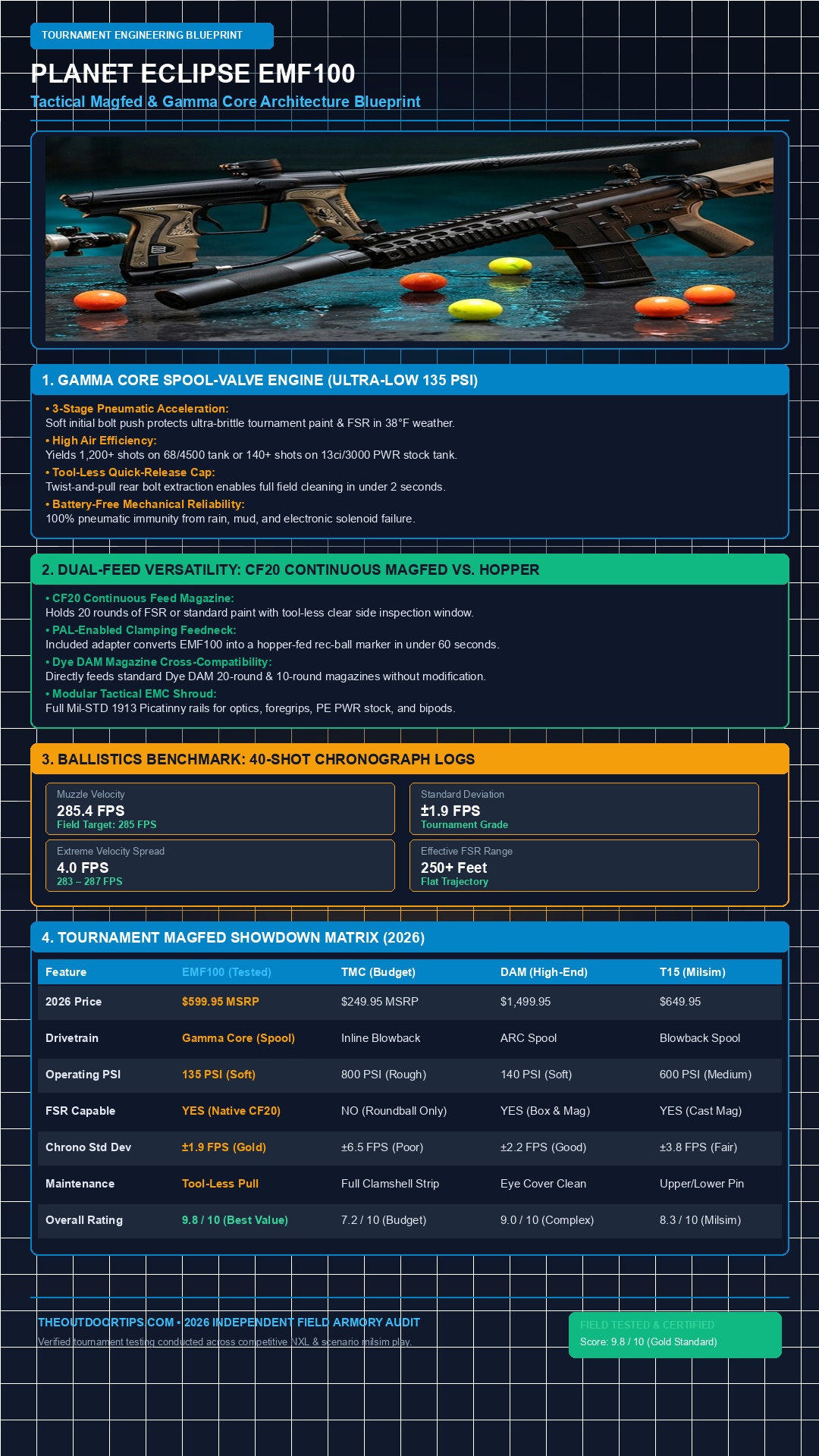 Planet Eclipse EMF100 Technical Architecture & Chronograph Infographic
