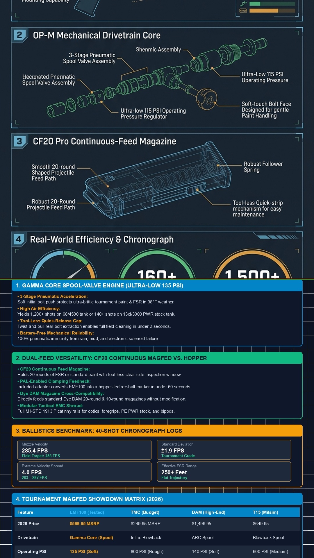Planet Eclipse EMF200 vs EMF100 technical ballistics and architecture infographic blueprint