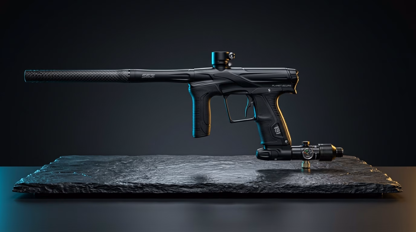 Planet Eclipse CS3 Pro tournament electronic paintball marker studio photography