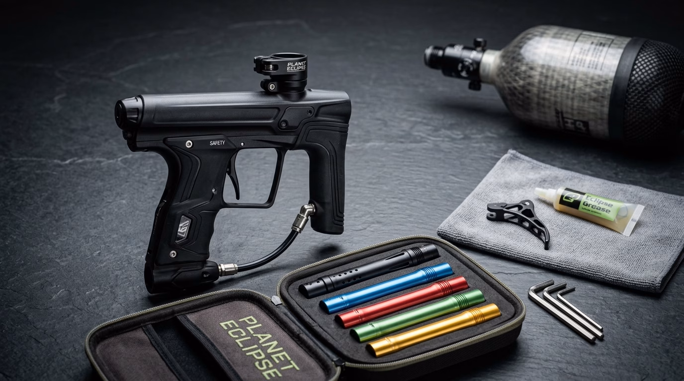 Planet Eclipse Etha 3M mechanical paintball marker disassembled upgrades workbench studio photography