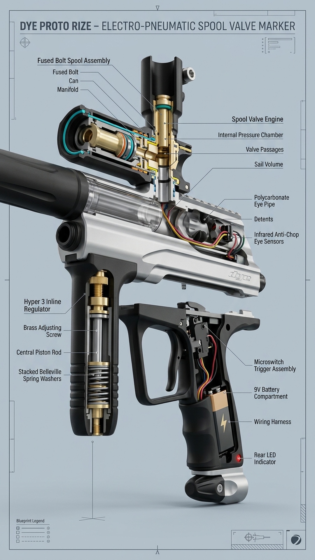 Dye Proto Rize 3D Engineering Cutaway Blueprint Infographic