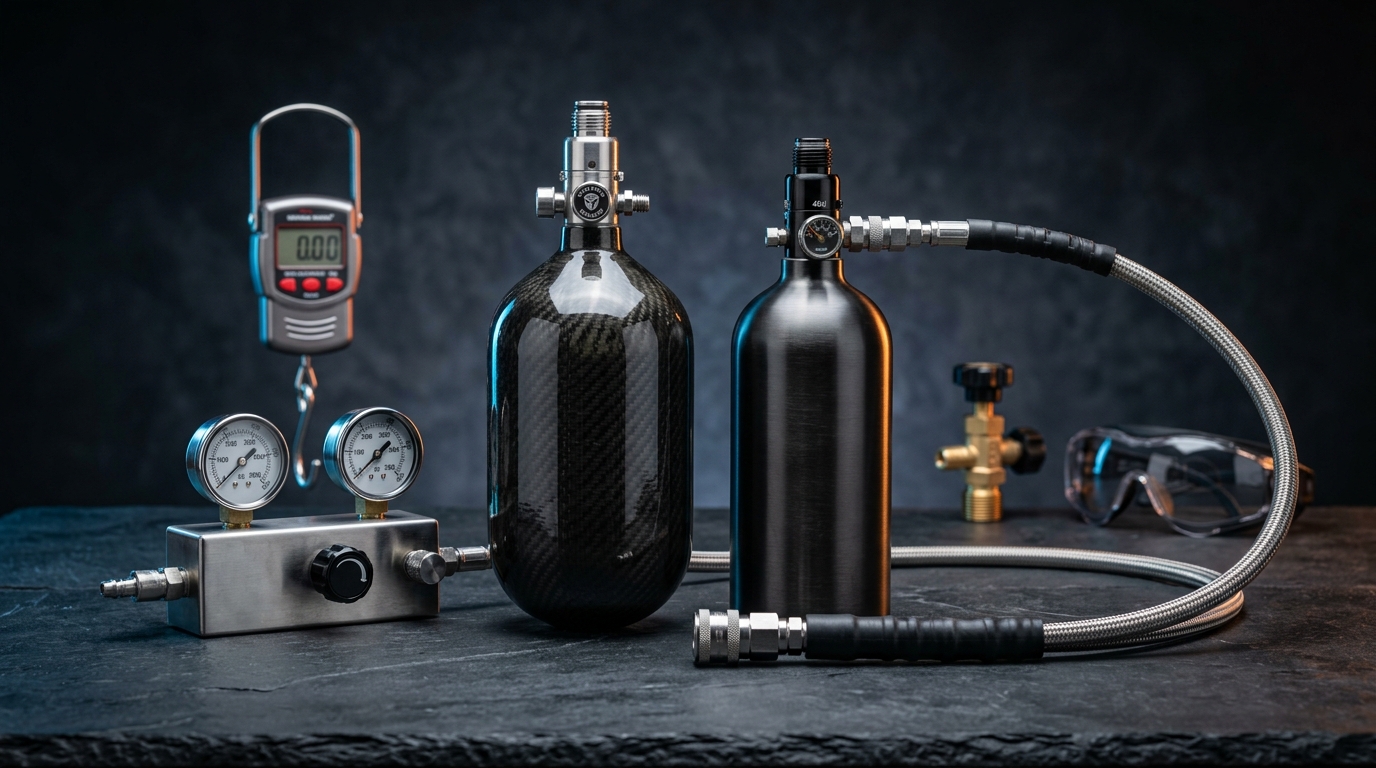 How to Refill a Paintball Tank professional loadout with HPA tanks fill whip and gauges