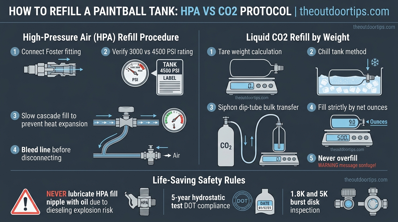 How to Refill a Paintball Tank HPA vs CO2 refill protocol and safety guidelines infographic