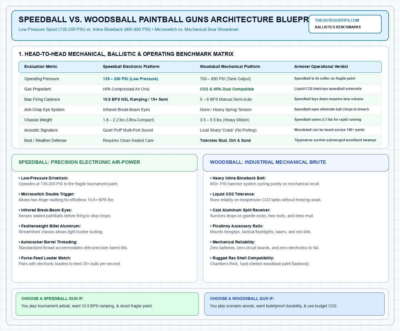Speedball vs woodsball paintball guns technical architecture blueprint and operating pressure matrix
