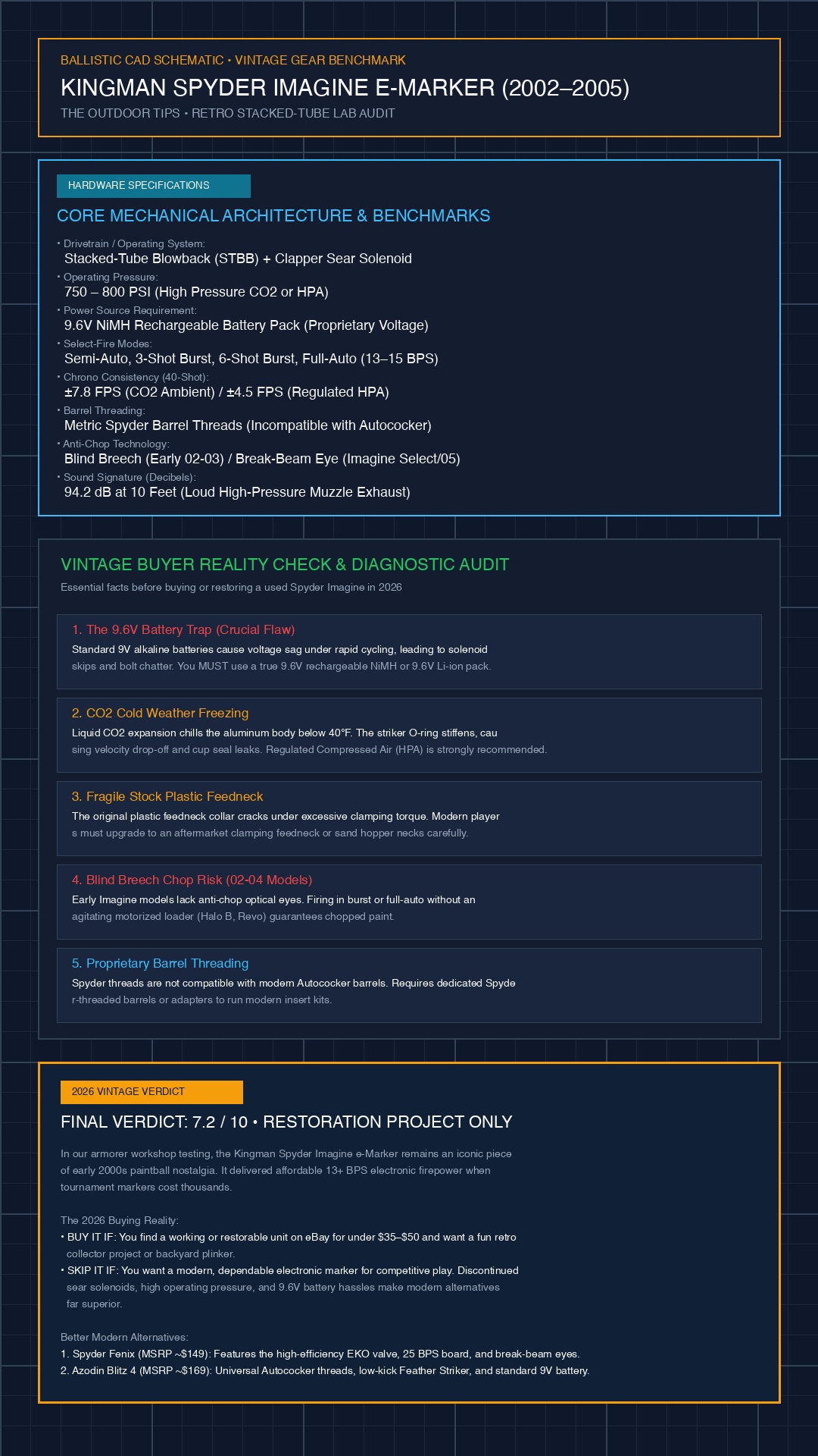 Kingman Spyder Imagine electronic paintball marker technical CAD blueprint infographic