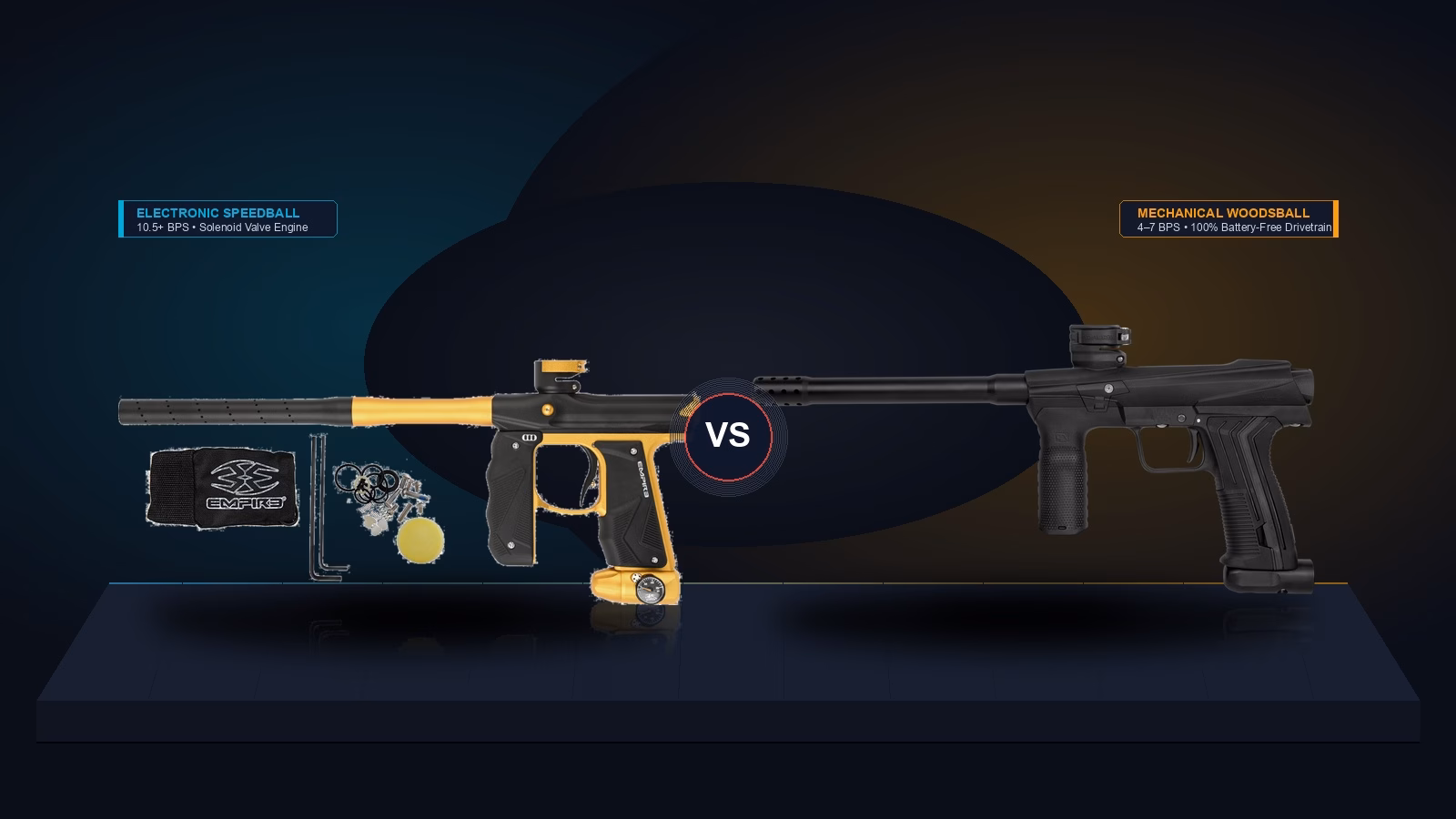 What is the difference between electronic and mechanical paintball guns studio product photography