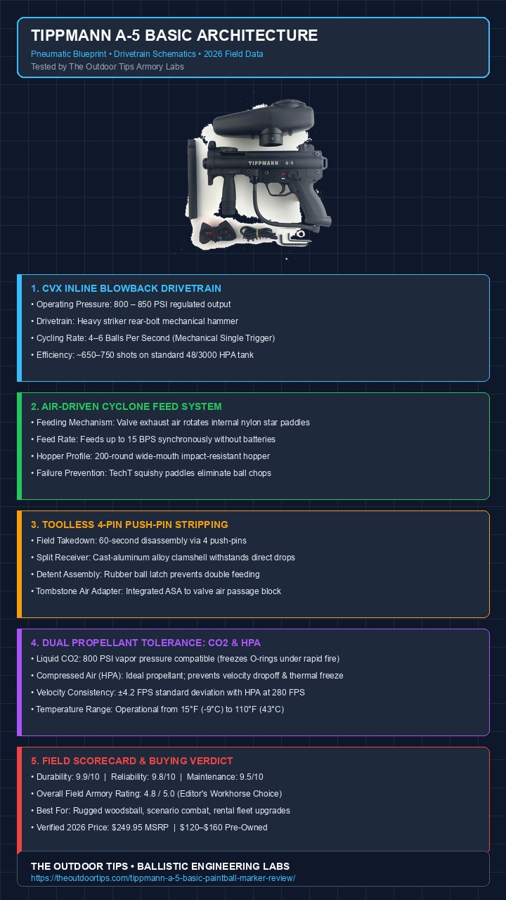 Tippmann A-5 Basic technical architecture and pneumatics blueprint infographic