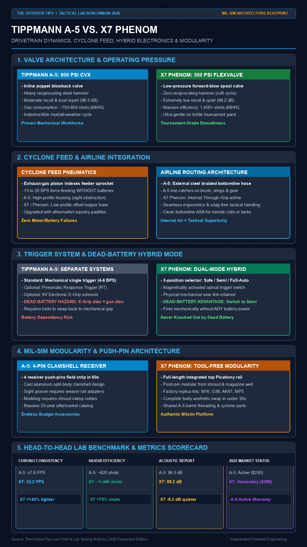 Tippmann A-5 vs Tippmann X7 Technical Architecture Infographic