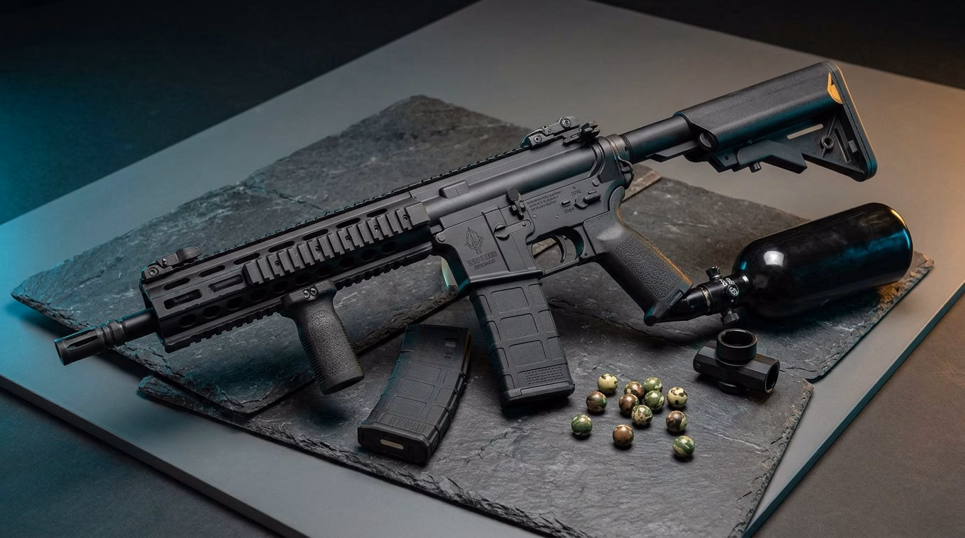 Tippmann Stormer Elite Dual-Fed tactical paintball marker on studio test bench 2026