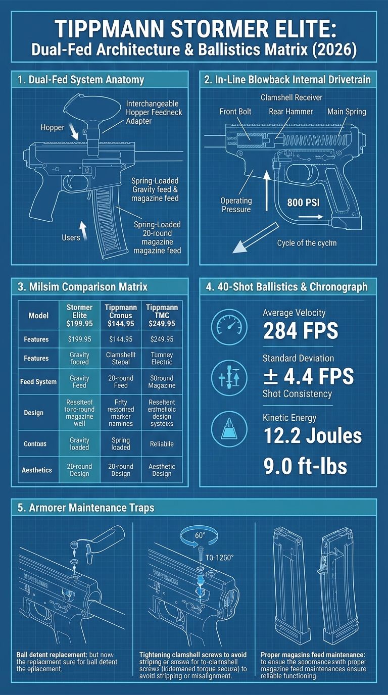 Tippmann Stormer Elite technical dual-fed engineering and ballistics blueprint infographic
