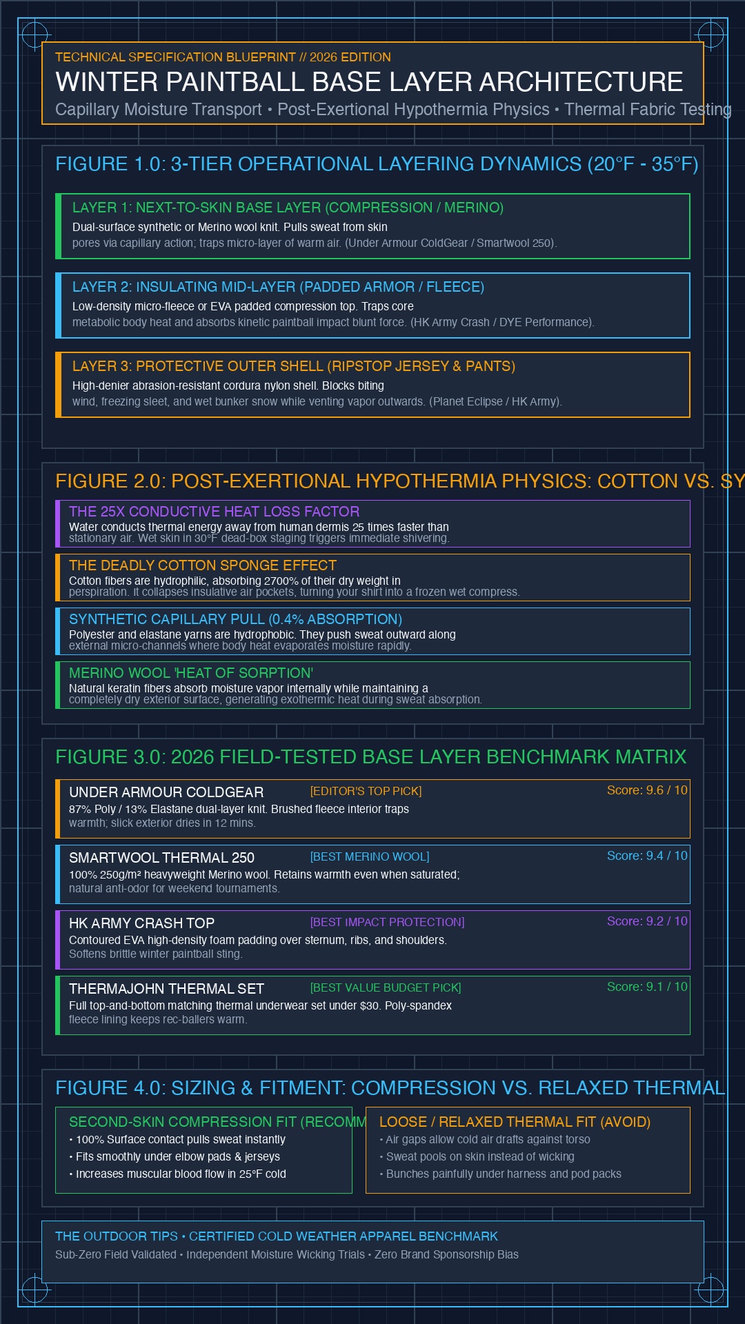 Winter Paintball Base Layers Technical Blueprint Infographic showing capillary moisture wicking, thermal micro-fleece zones, and contour EVA armor placement